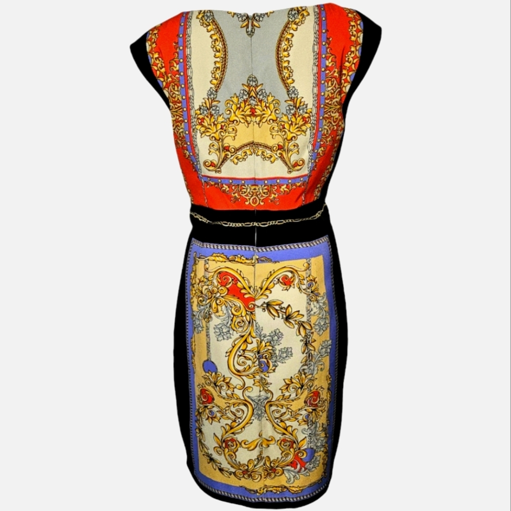Maggy London Baroque Scarf Print Illusion Sheath Dress – Ornate Gold & Blue Sz10 - Picture 5 of 9
